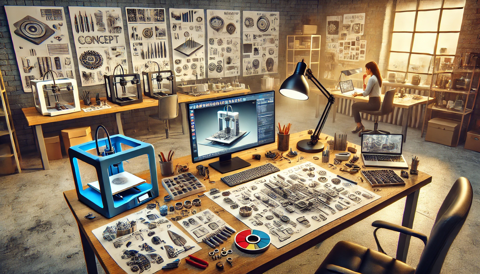 A design studio illustrating the journey of concept gadgets from idea to prototype, featuring a creative workspace with designers working on different development stages. A desk is covered with sketches and diagrams showing the initial brainstorming phase, while a computer screen displays 3D modeling software with a gadget design in progress. In the background, a 3D printer fabricates a prototype of a sleek device. The studio is filled with design tools, components, and inspiration boards, highlighting the process of transforming innovative ideas into tangible prototypes. The atmosphere is dynamic and inventive.