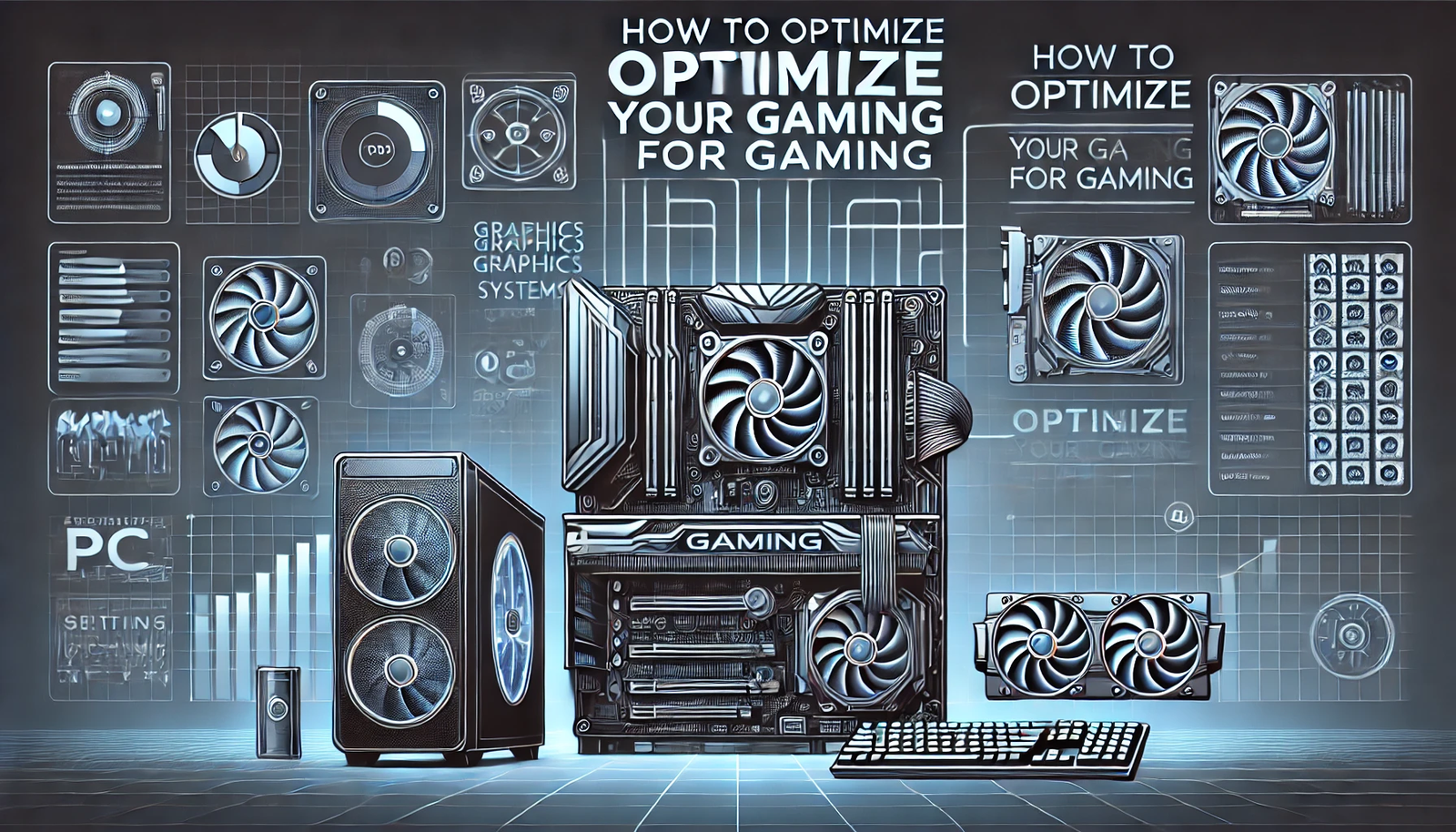 Featured image for the article 'How to Optimize Your PC for Gaming'. The image displays a gaming PC setup with high-end graphics cards, cooling systems, and gaming peripherals like keyboards and mice. The background includes visual elements that suggest optimization, such as settings icons and performance graphs. The text 'How to Optimize Your PC for Gaming' is prominently displayed in a bold and modern font, creating an informative and visually appealing design for gamers looking to enhance their PC performance.