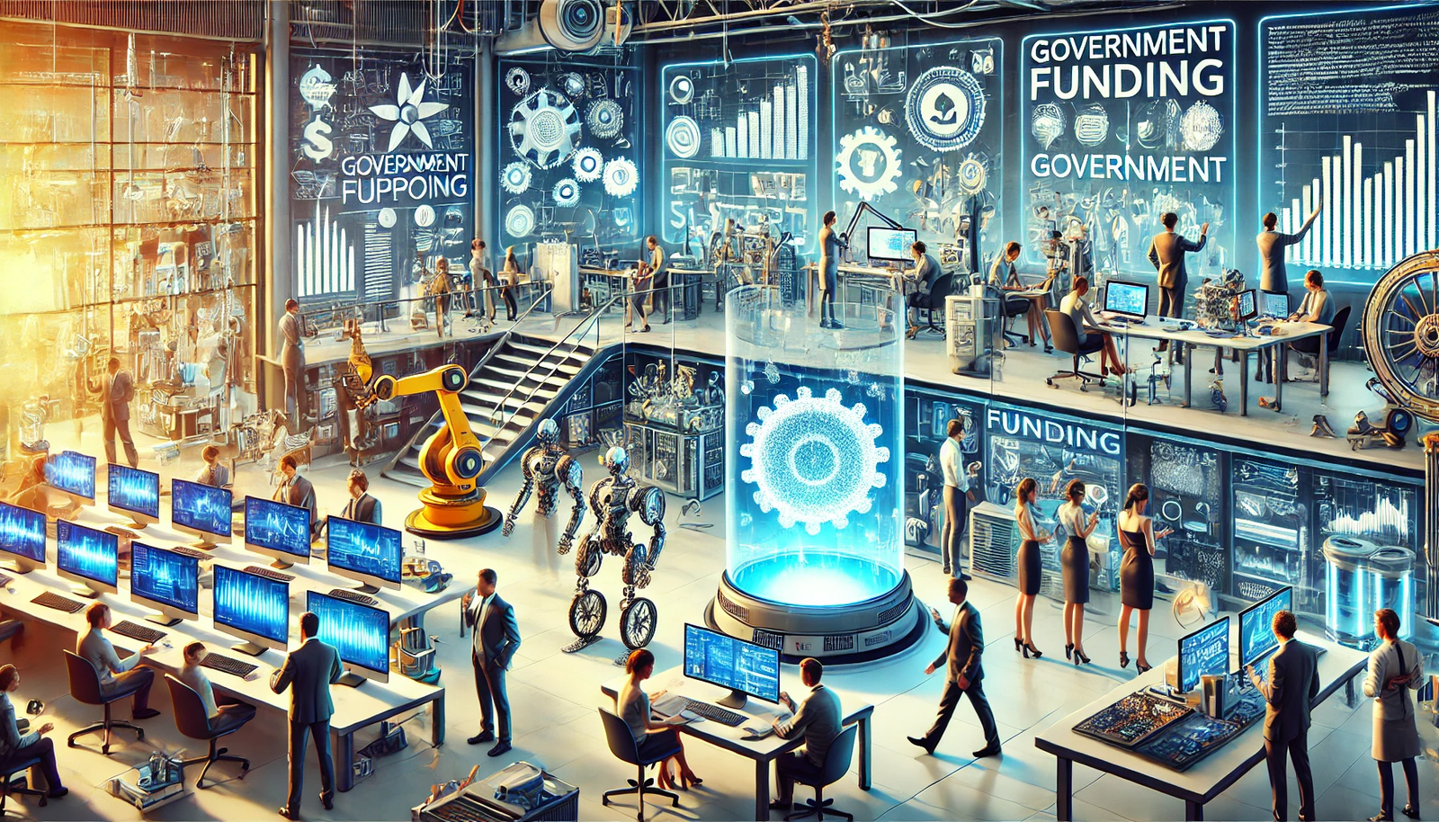 An illustration depicting how government funding is driving innovation in various sectors. The image shows a futuristic research and development lab with scientists and engineers working on cutting-edge projects, including robotics, renewable energy sources, and advanced computing devices. Visible signs of government support, such as funding charts and grant certificates, adorn the walls. People collaborate on innovative solutions in healthcare, technology, and sustainable energy, highlighting the crucial role of government investment in fostering innovation and progress.