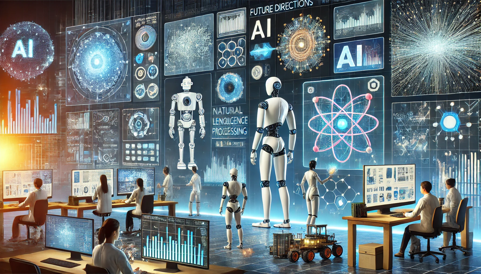 An illustration showcasing current trends and future directions in artificial intelligence (AI) research. The image features a futuristic research lab with AI-driven robots, neural networks, and advanced computer systems. Researchers interact with AI models displayed on large digital screens, exploring areas like machine learning, natural language processing, and computer vision. Visual elements include data visualizations, algorithm charts, and robotic prototypes. The atmosphere is innovative and cutting-edge, highlighting ongoing advancements in AI technology and its potential to transform various industries and drive future innovations.